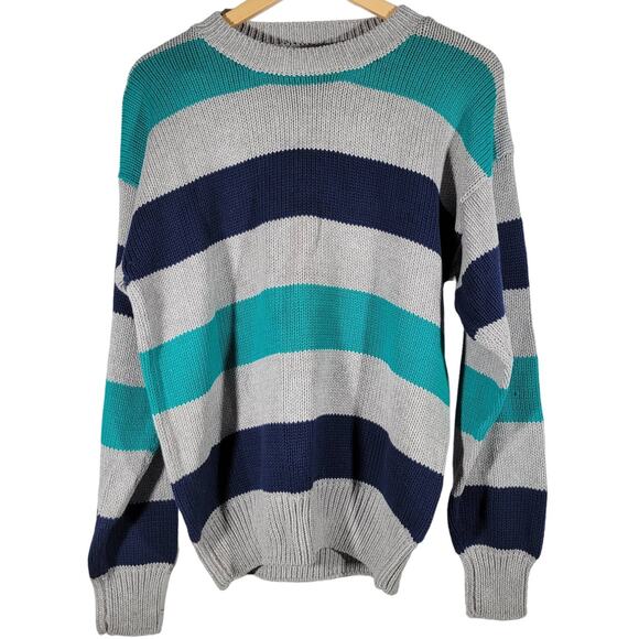 Vintage Claiborne Striped Sweater‎ Blue Teal Gray M - Picture 1 of 4
